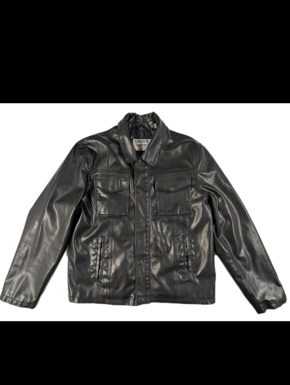 Levi's Mens Large Black Faux Leather Trucker Jacket Lined Zip Snap Pockets